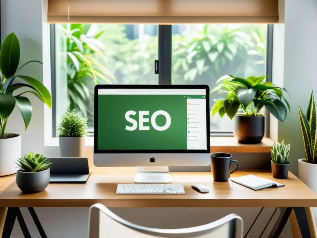 Espacio de trabajo moderno con computadora y herramientas de automatización de SEO, rodeado de plantas verdes y luz natural