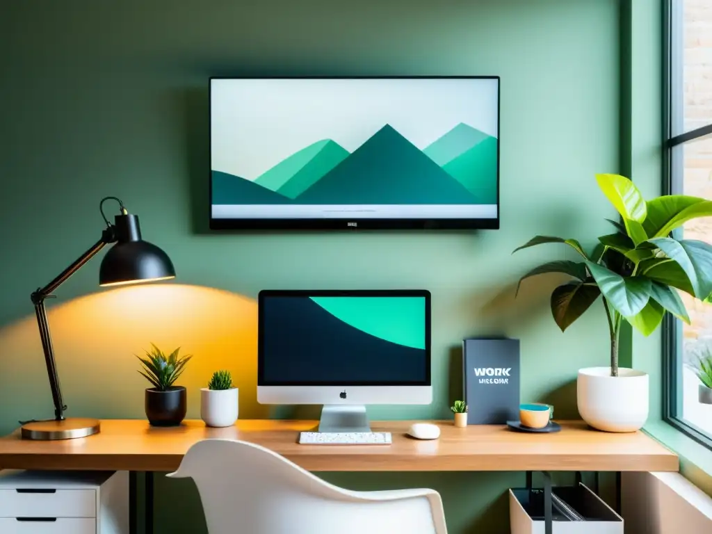 Un espacio de trabajo moderno con computadora elegante, monitores duales, decoración elegante y luz natural