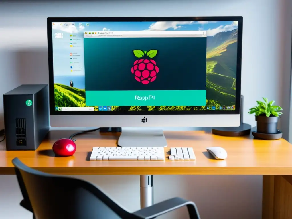Espacio de trabajo moderno con Raspberry Pi conectado a monitor y teclado