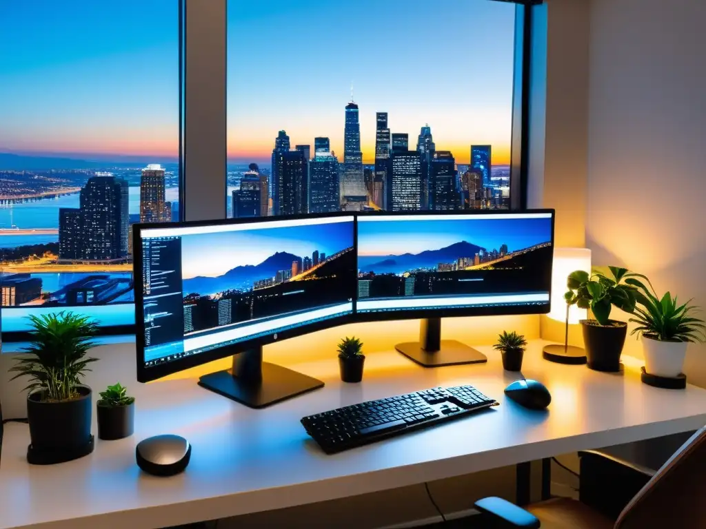 Espacio de trabajo moderno con configuración de doble monitor, código y ciudad al atardecer