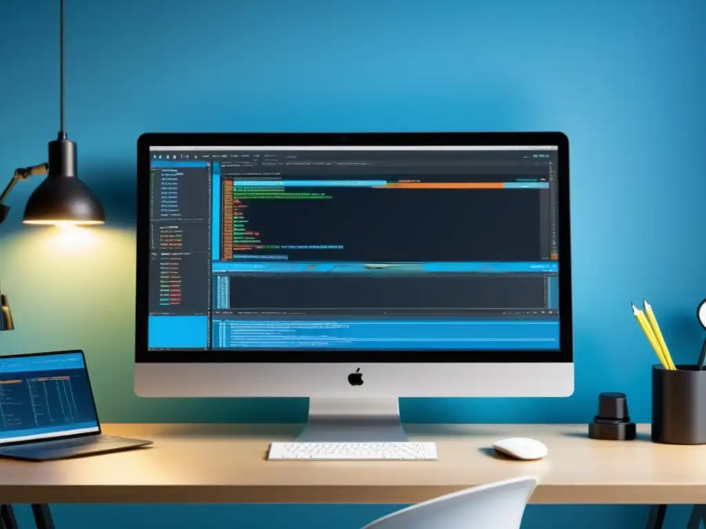 Espacio de trabajo moderno para desarrollo web con laptop, monitores y herramientas de optimización