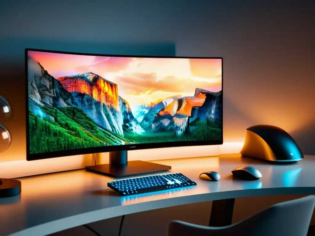 Espacio de trabajo moderno con un editor de código abierto para diseño web en un monitor curvo de 8k, libros de diseño y una iluminación cálida