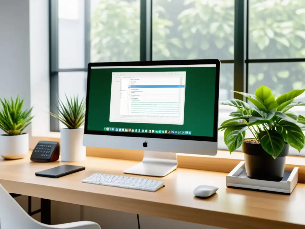 Espacio de trabajo moderno con editor de código abierto en monitor de alta resolución, rodeado de accesorios minimalistas y plantas