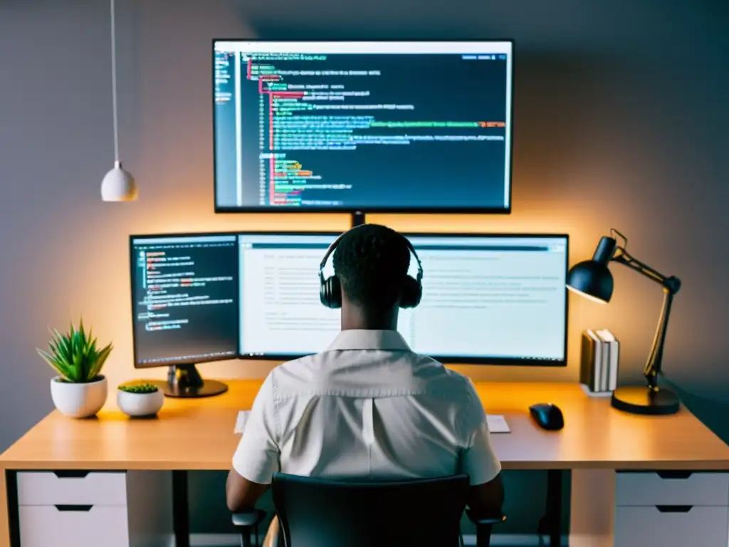 Escritorio profesional con Babel: programador concentrado en código JavaScript Un espacio de trabajo moderno y eficiente con un compilador de JavaScript de código abierto