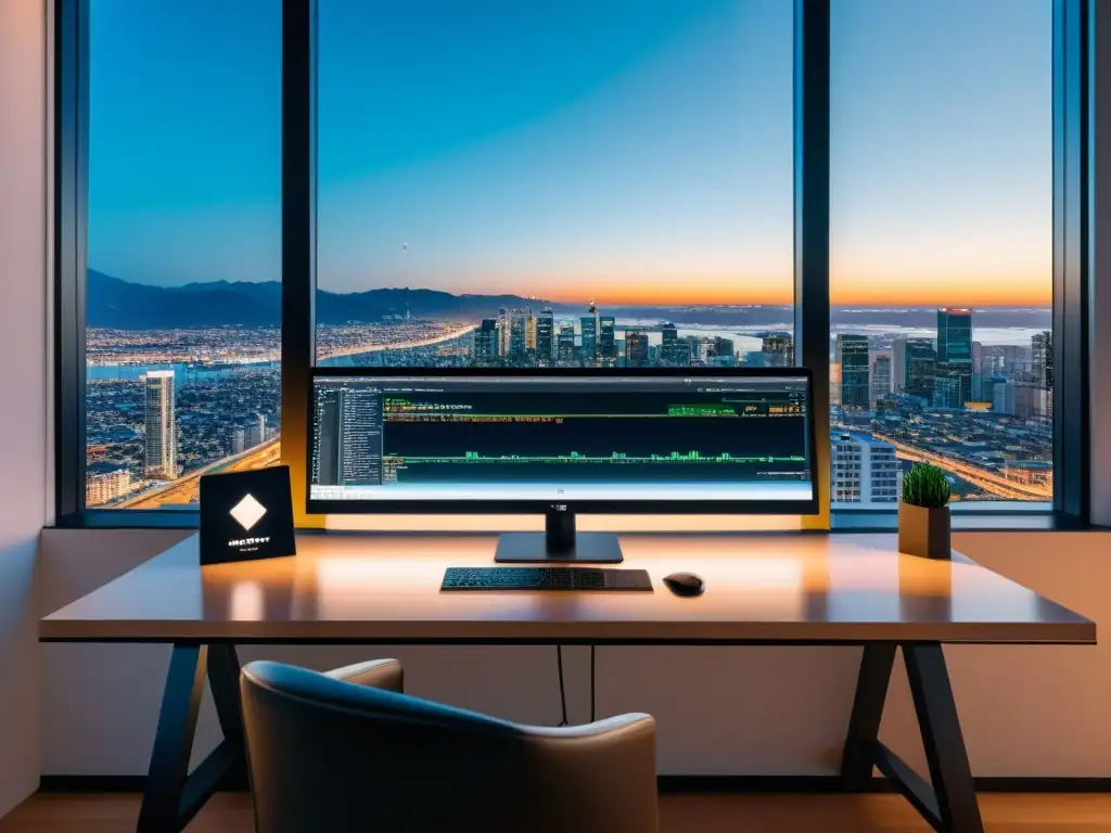 Un espacio de trabajo moderno y elegante para desarrolladores, con un editor de texto open source de alta gama en un monitor de alta resolución
