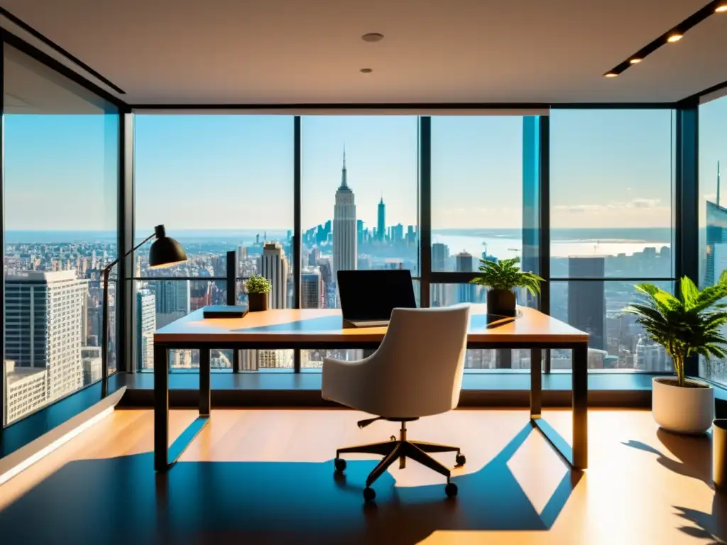 Espacio de trabajo moderno y minimalista con vistas a la ciudad Espacio de trabajo moderno y elegante con laptop de alta gama, plantas y luz natural, ideal para personalizar experiencia Git con aliases