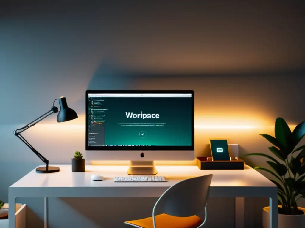 Un espacio de trabajo moderno y elegante con el mejor editor open source código, iluminado suavemente y lleno de profesionalismo