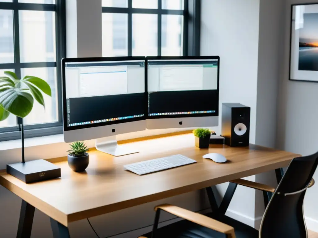 Espacio de trabajo moderno y elegante con dual monitor y plantas Un espacio de trabajo moderno y elegante con el editor de texto Brackets para diseñadores web, estación de trabajo y detalles minimalistas