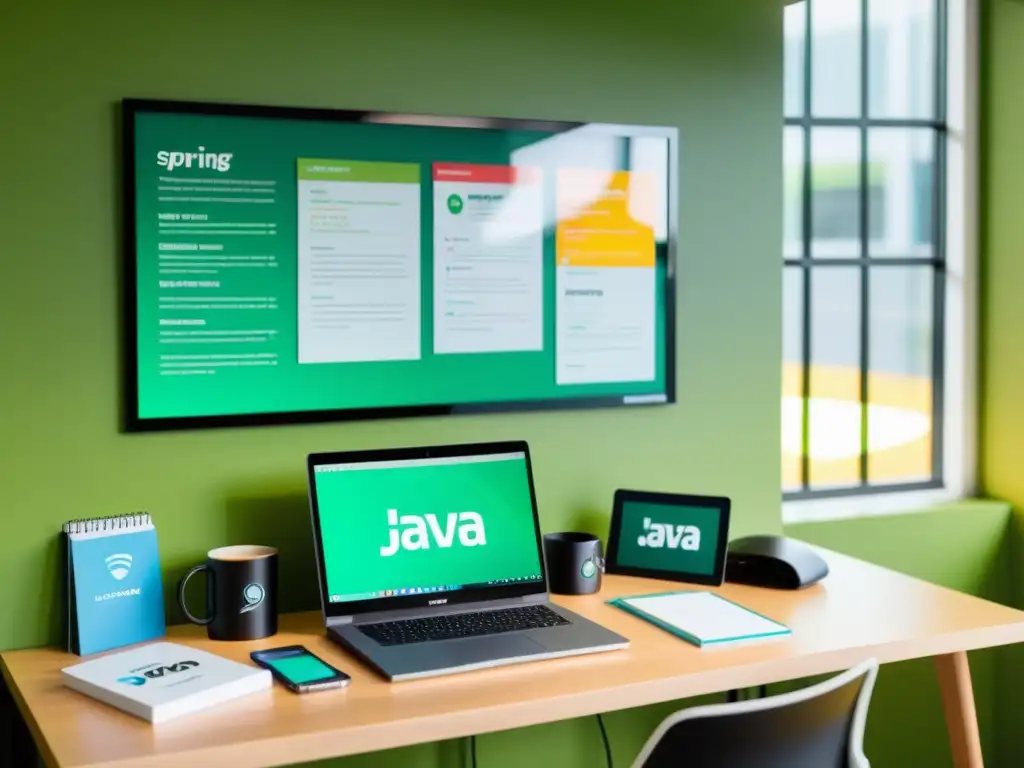 Espacio de trabajo moderno con escritorio ordenado, laptop con Spring Boot, pizarra comunitaria con eventos de Java, creando atmósfera productiva