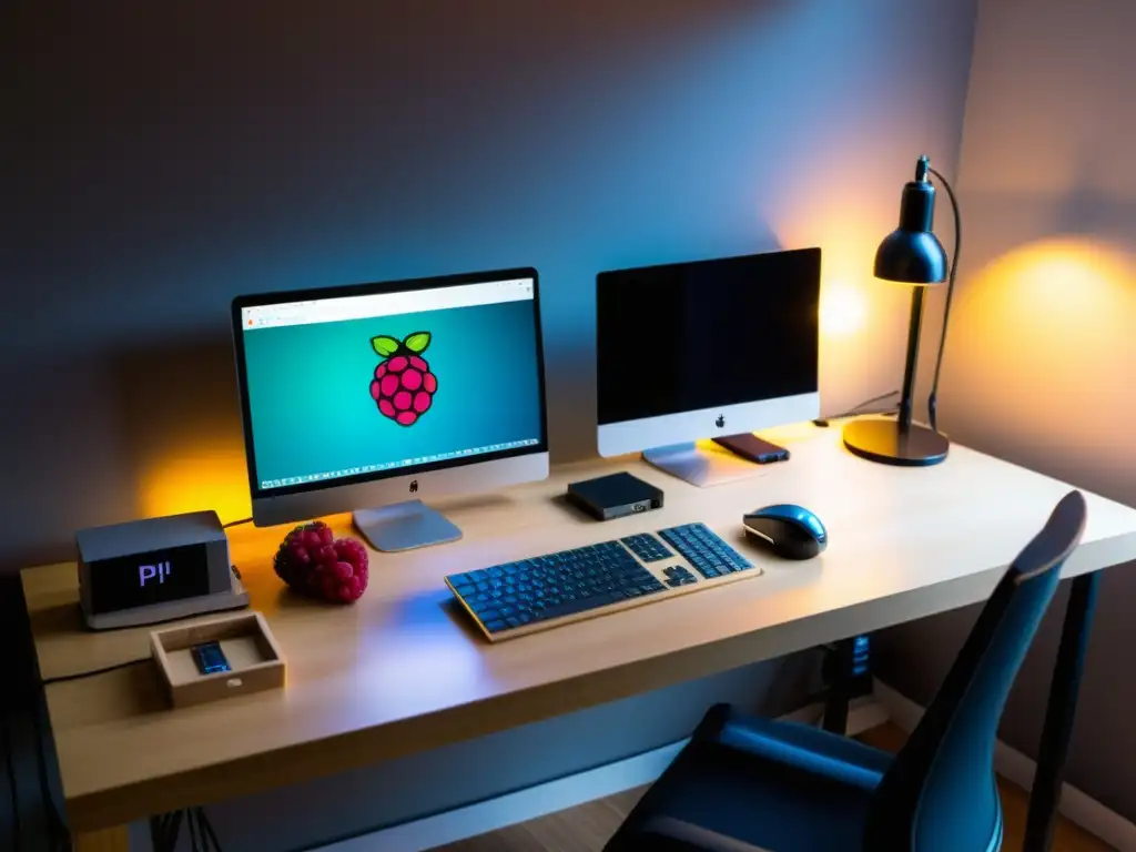 Un espacio de trabajo moderno con un escritorio elegante, una Raspberry Pi y componentes de hardware DIY