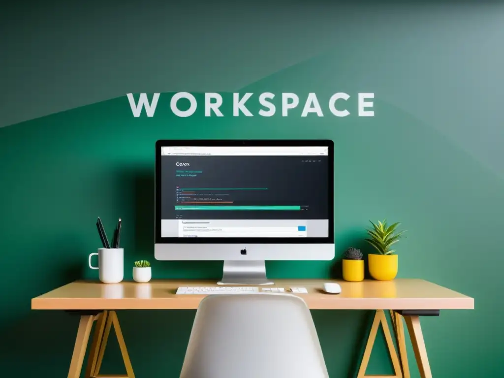 Un espacio de trabajo moderno con un escritorio minimalista y un IDE de código abierto en un monitor de alta resolución, rodeado de elementos colaborativos y una vibrante comunidad tecnológica