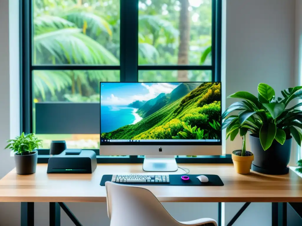 Espacio de trabajo moderno con extensiones VS Code para FrontEnd Open Source, teclado mecánico y plantas vibrantes en un ambiente cálido y acogedor