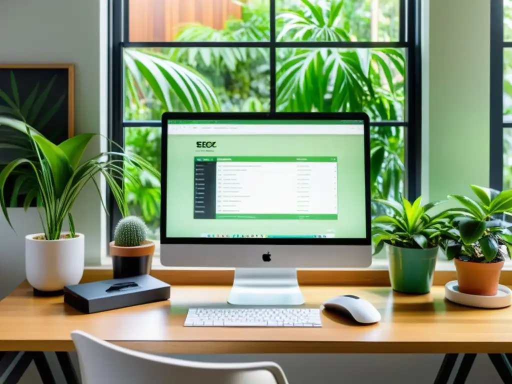 Un espacio de trabajo moderno con herramientas open source para SEO en el monitor, rodeado de plantas y luz natural