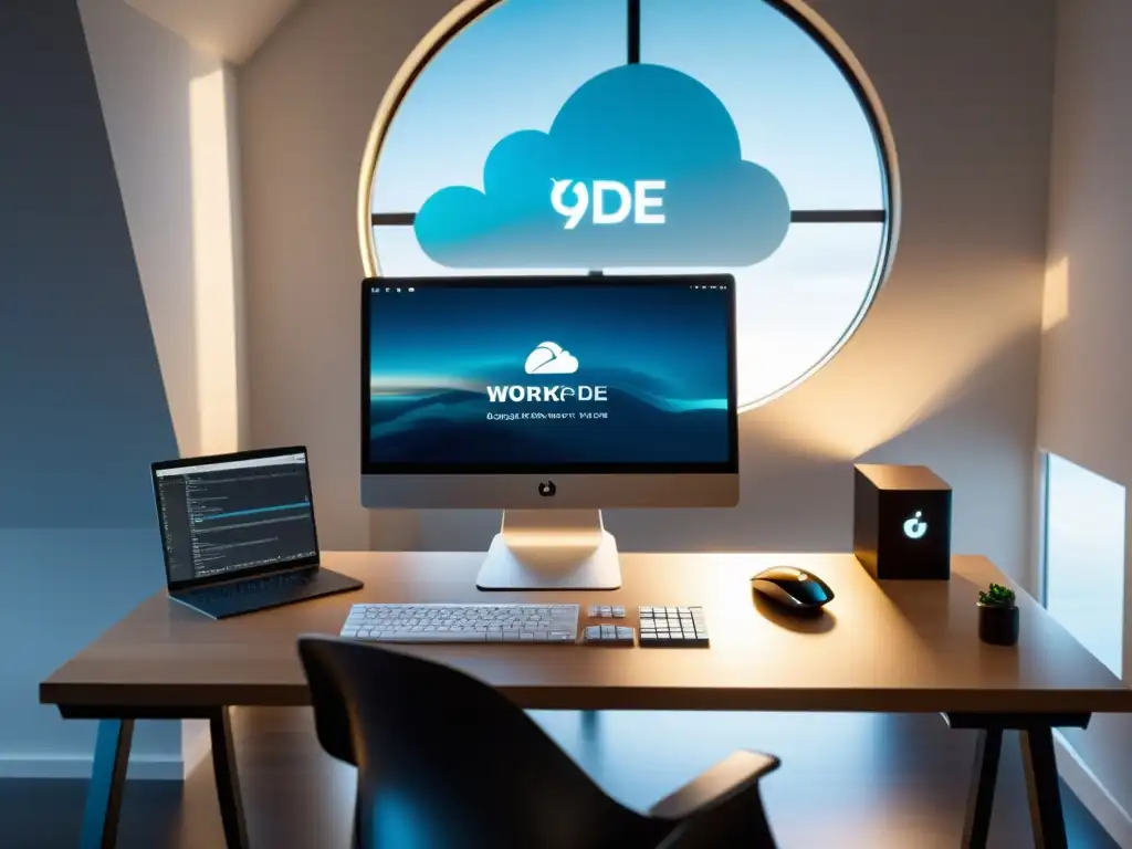 Un espacio de trabajo moderno con la interfaz Cloud9 IDE en un monitor de alta definición