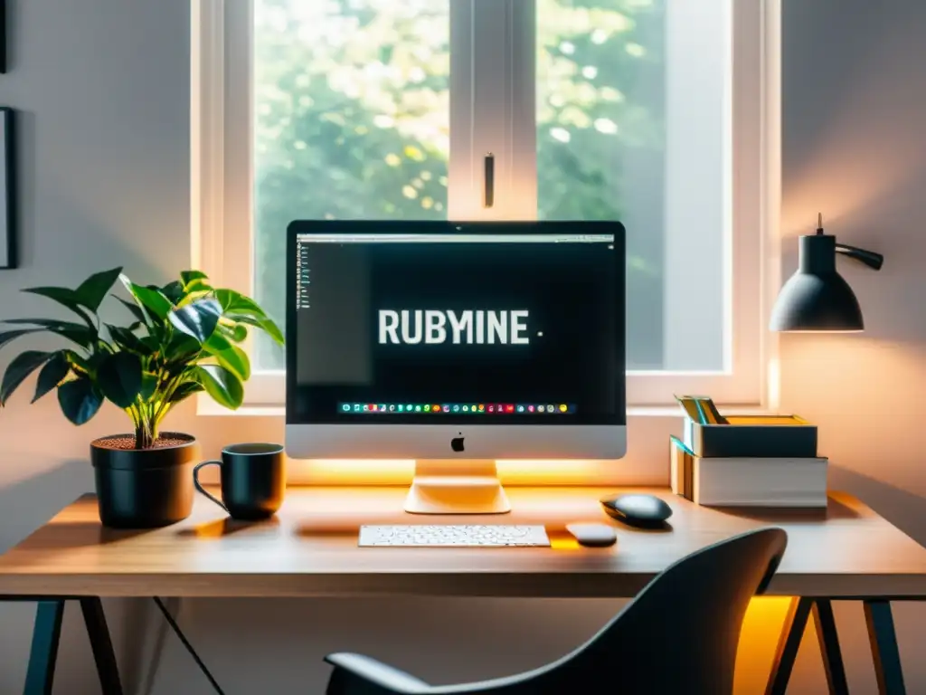 Espacio de trabajo moderno con RubyMine IDE, libros de programación, planta y café