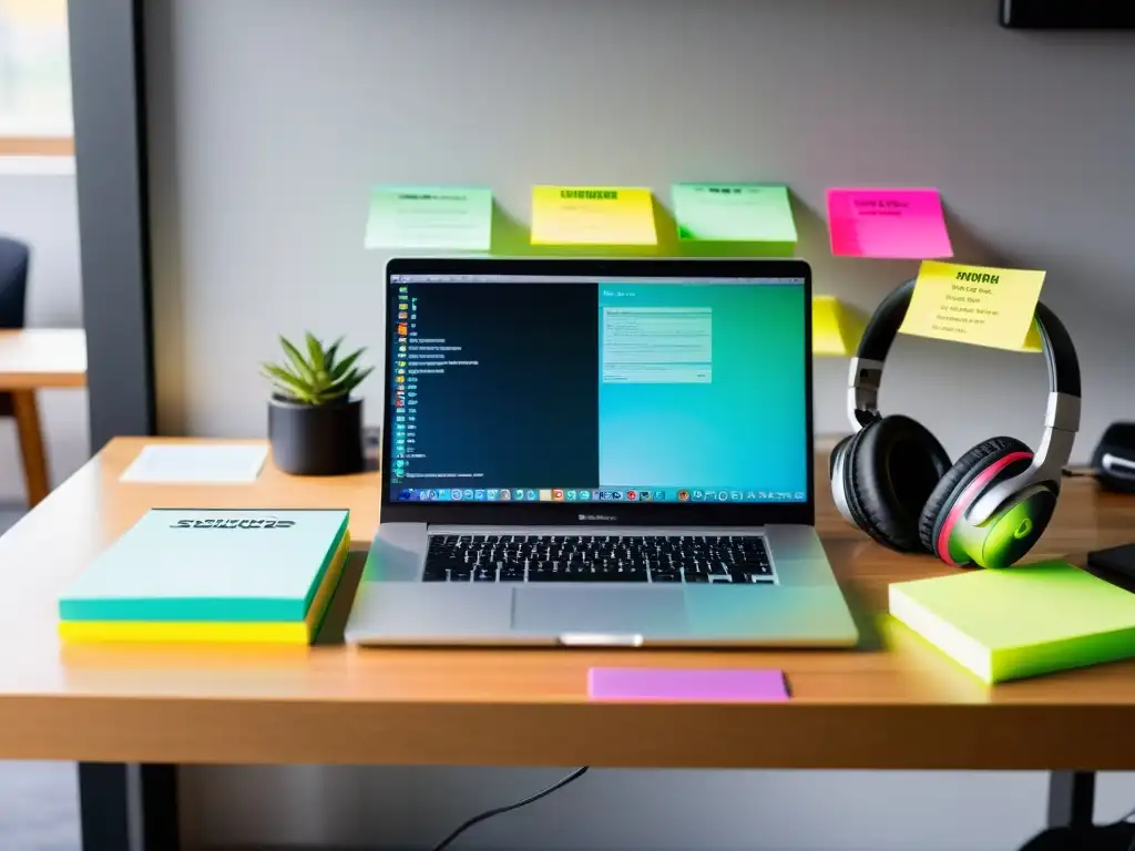 Espacio de trabajo moderno con laptop abierto, libros y auriculares