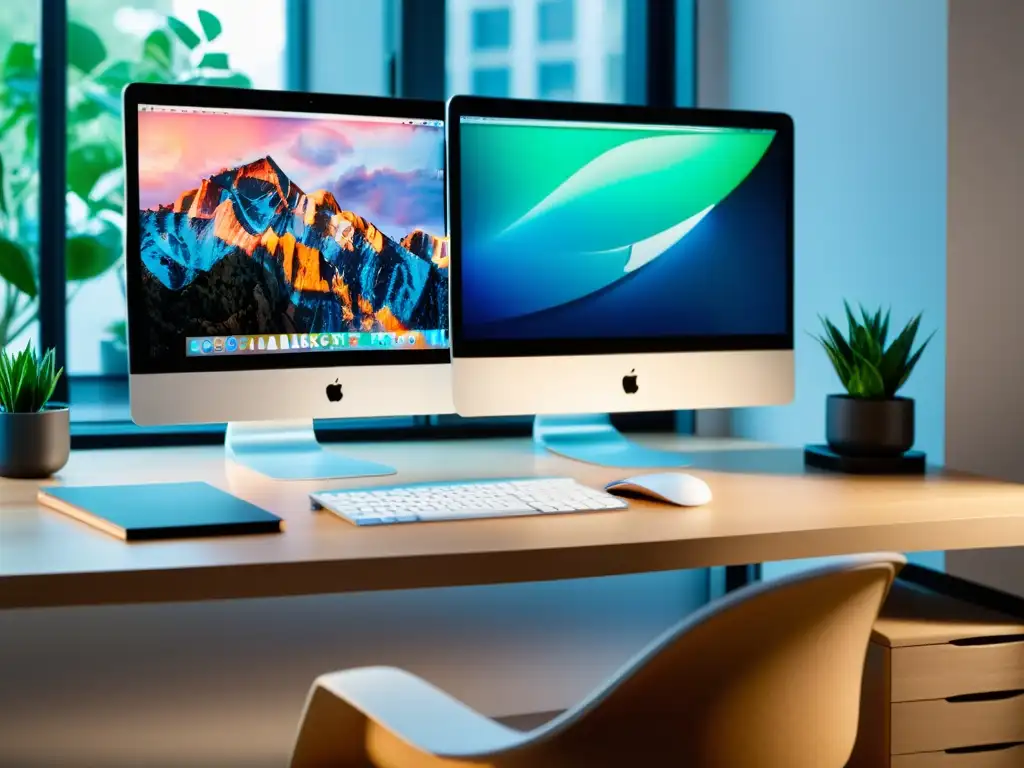 Espacio de trabajo moderno con iMac, Macbook y Suite Ofimática Open Source para Mac, organizado y bañado en luz natural