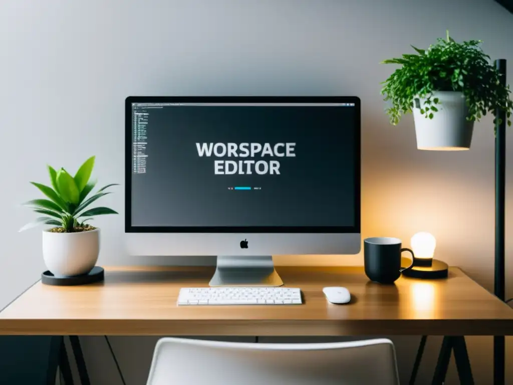 Espacio de trabajo moderno con el mejor editor open source código en monitor de alta resolución, estacionery elegante, planta y café