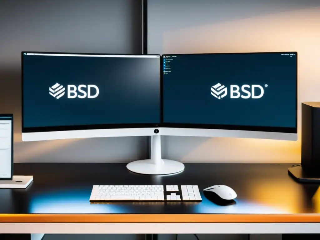 Espacio de trabajo moderno con migración a BSD desde Linux, monitores duales con logo BSD y terminal mostrando líneas de código