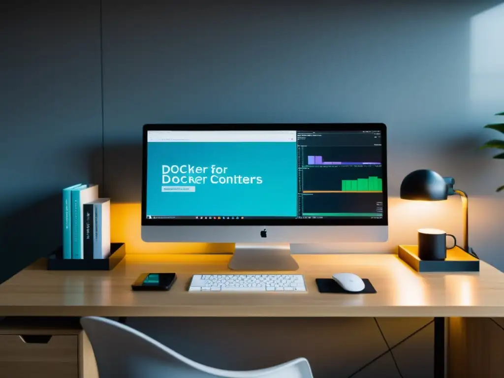 Un espacio de trabajo moderno y minimalista con un ordenador de última generación mostrando contenedores Docker