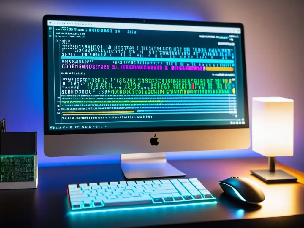 Un espacio de trabajo moderno y minimalista, con un monitor que muestra la optimización de un algoritmo criptográfico y herramientas de código