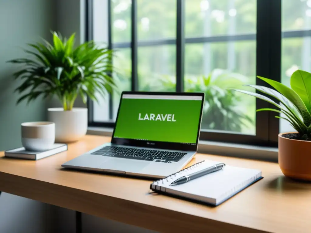 Espacio de trabajo moderno y minimalista para desarrollar aplicaciones web PHP con Laravel, bañado en luz natural y con toques de vida