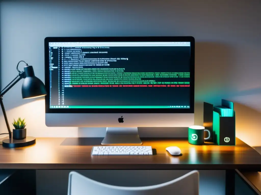 Espacio de trabajo moderno con monitor de alta resolución mostrando código en editor de texto