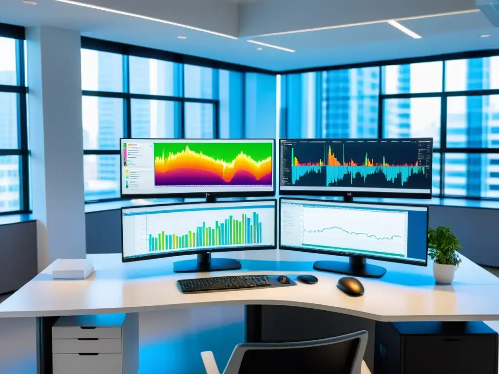 Espacio de trabajo moderno con monitor ultrapanorámico mostrando visualizaciones dinámicas de datos de salud pública