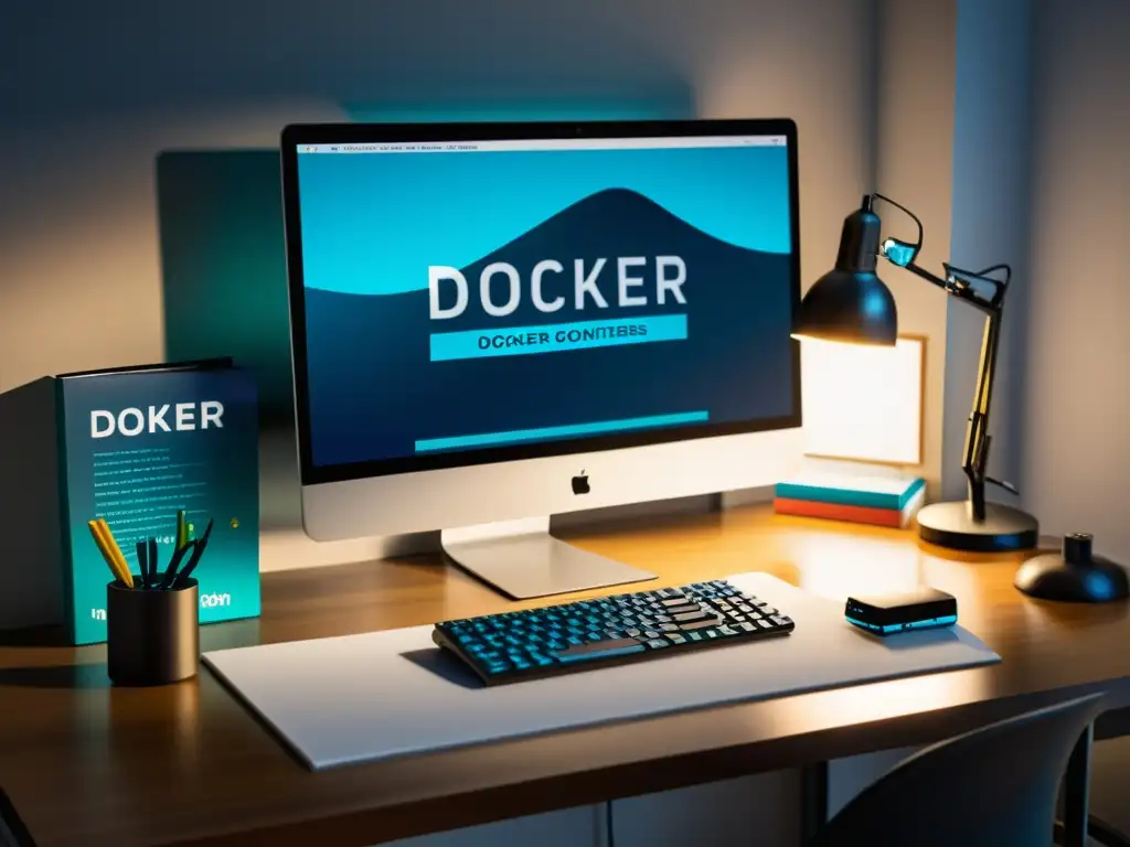 Espacio de trabajo moderno con monitor mostrando contenedores Docker, libros de programación, teclado y lámpara elegante