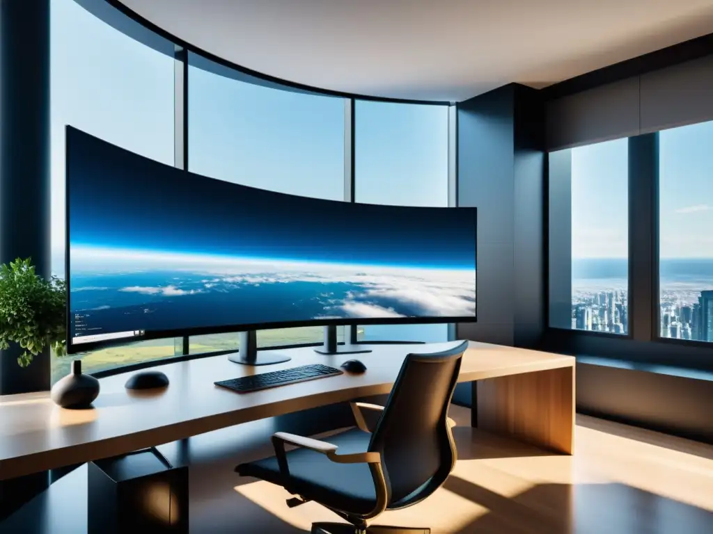 Espacio de trabajo moderno con monitor ultrapanorámico y decoración minimalista, ideal para pruebas E2E con Cypress