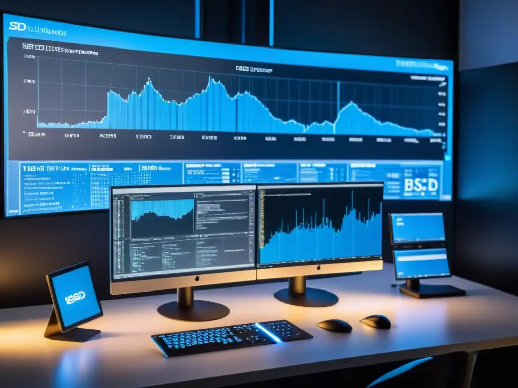 Un espacio de trabajo moderno con múltiples monitores mostrando distribuciones BSD de código abierto, creando un ambiente profesional y educativo