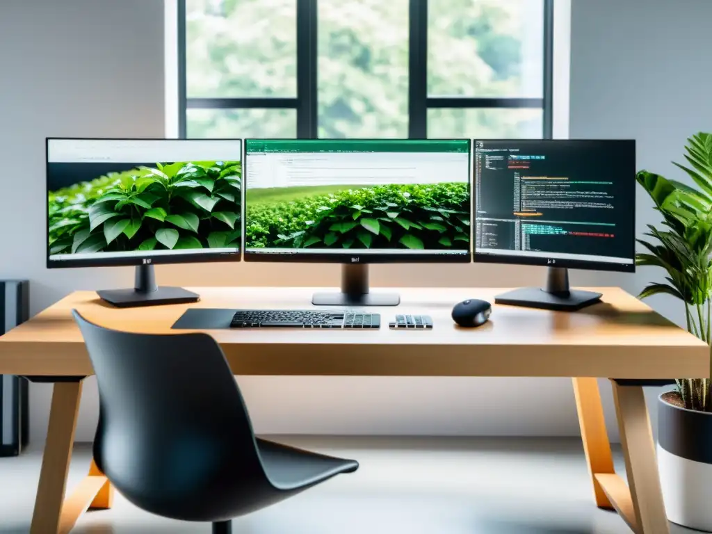 Un espacio de trabajo moderno y ordenado con doble monitor, teclado, ratón y taza de café