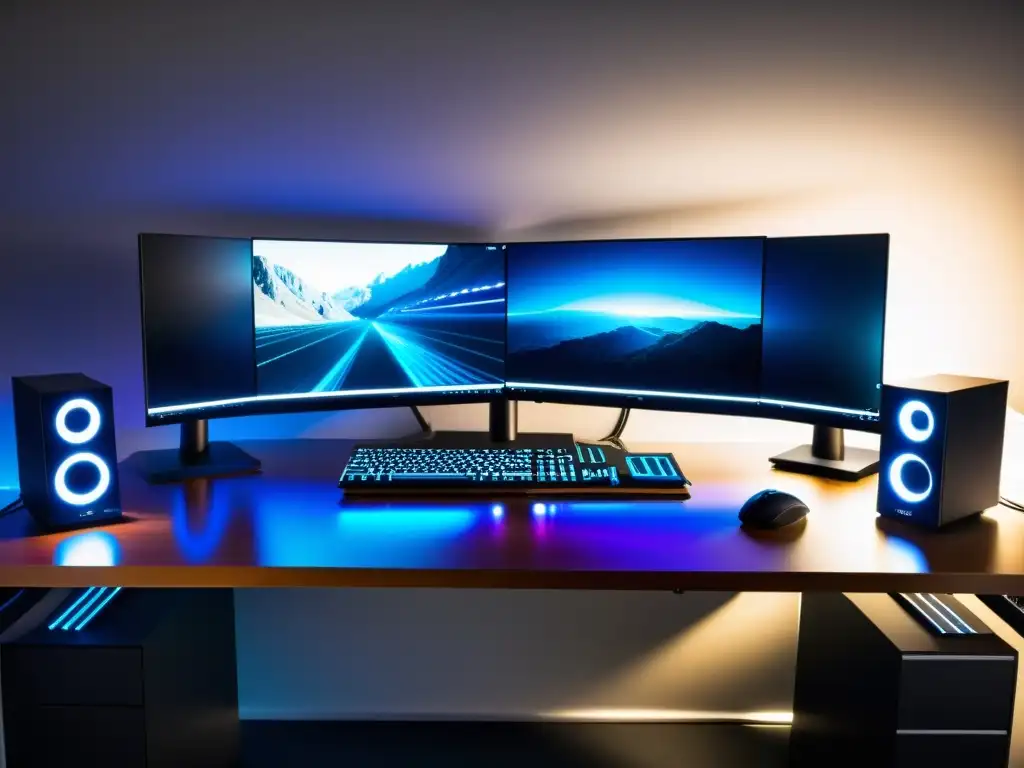 Espacio de trabajo moderno y ordenado con potente computadora de escritorio y múltiples monitores