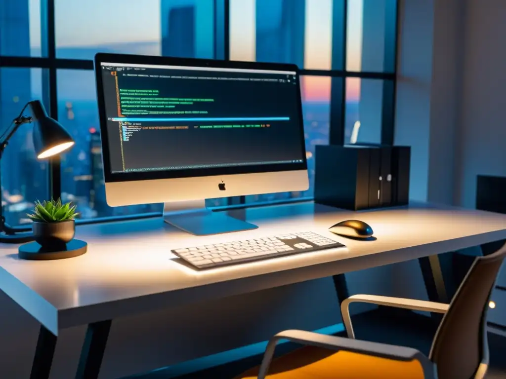 Un espacio de trabajo moderno y organizado con un elegante editor de texto open source para desarrolladores en un monitor de alta definición