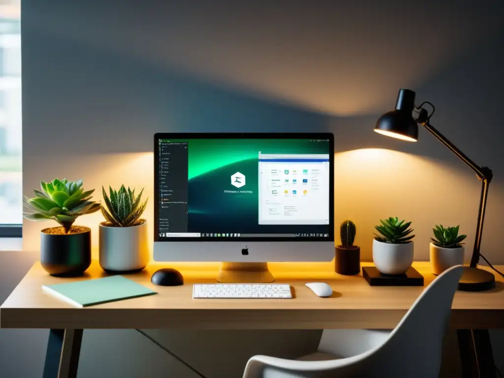 Un espacio de trabajo moderno y organizado con Visual Studio Code abierto en la pantalla, rodeado de elementos minimalistas y plantas suculentas