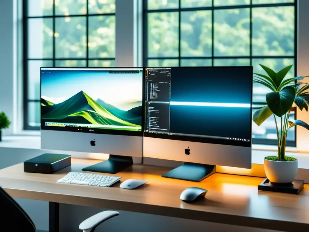 Espacio de trabajo moderno y organizado para optimizar proyecto desarrollo web con Webpack, con monitores duales, plantas y luz natural