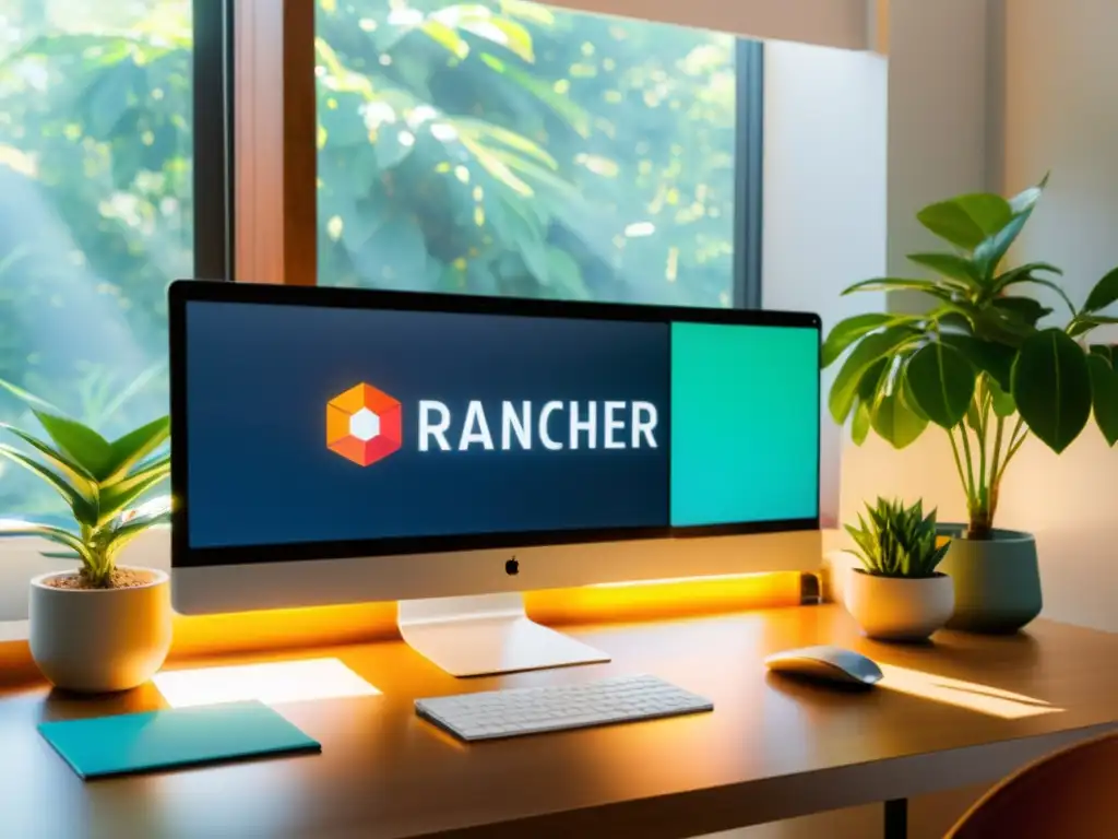 Un espacio de trabajo moderno con pantalla mostrando la gestión de Kubernetes con Rancher