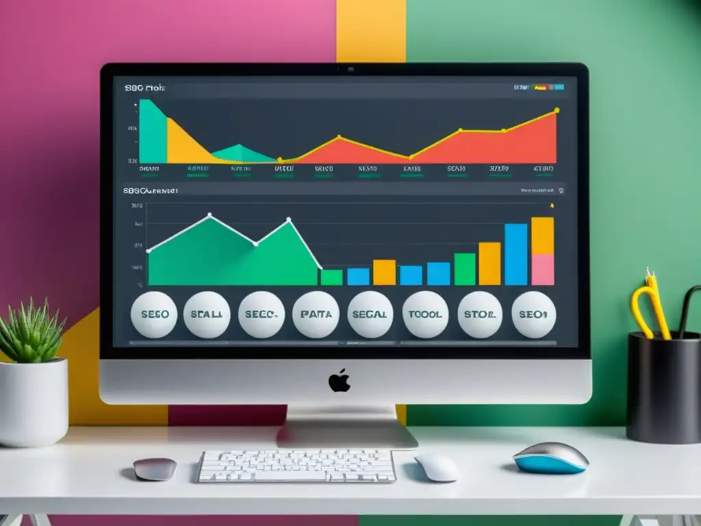 Un espacio de trabajo moderno con pantalla de ordenador mostrando herramientas SEO de software libre