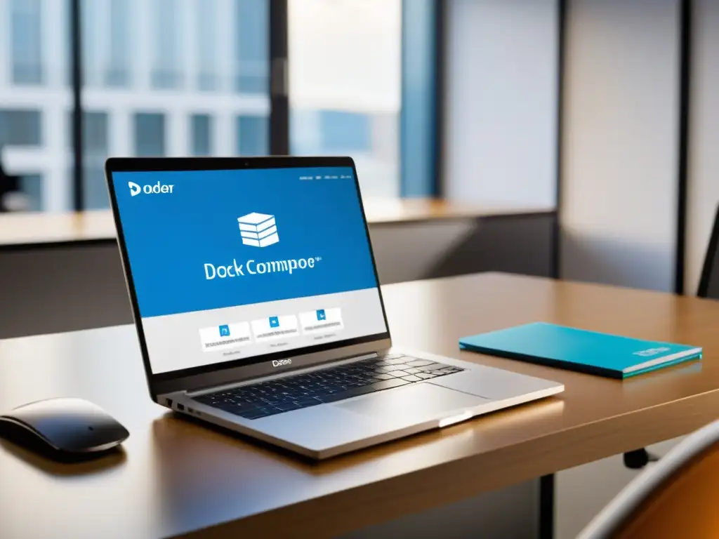 Un espacio de trabajo moderno con un portátil Linux ejecutando Docker Compose para orquestar contenedores