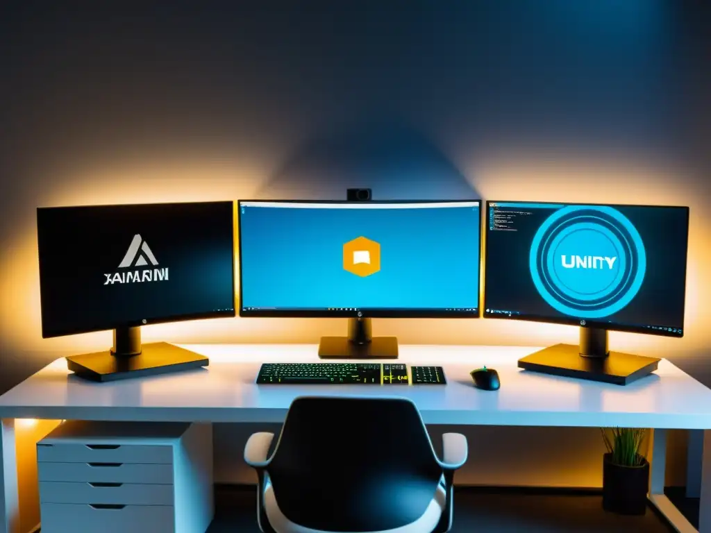 Espacio de trabajo moderno con potente computadora y doble monitor para desarrollo en Xamarin y Unity, el mejor IDE para Xamarin y Unity
