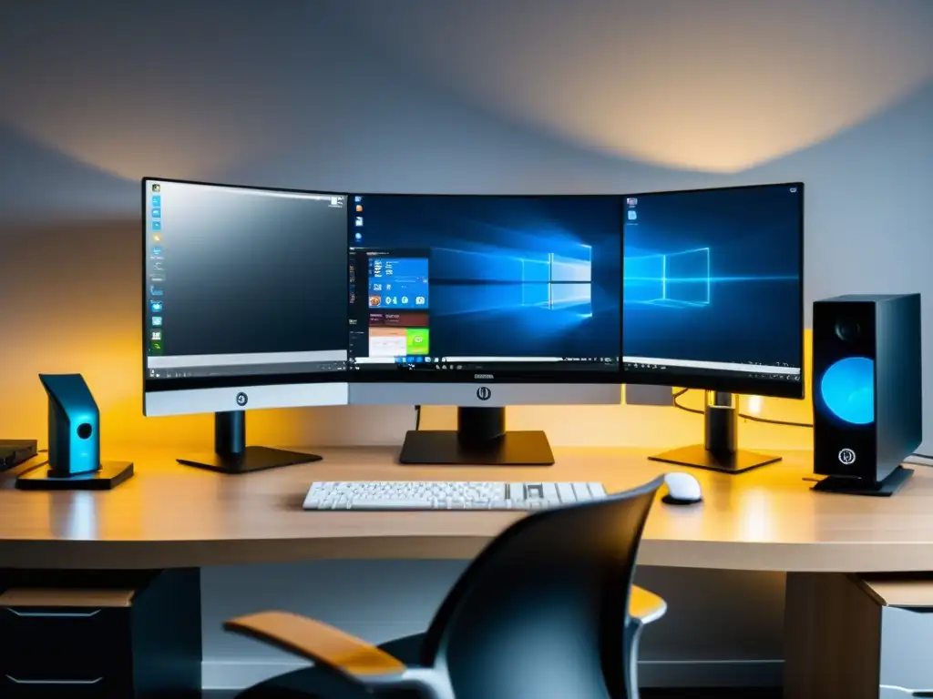 Un espacio de trabajo moderno y sofisticado con múltiples monitores mostrando código complejo y ventanas de terminal, bañado en luz natural