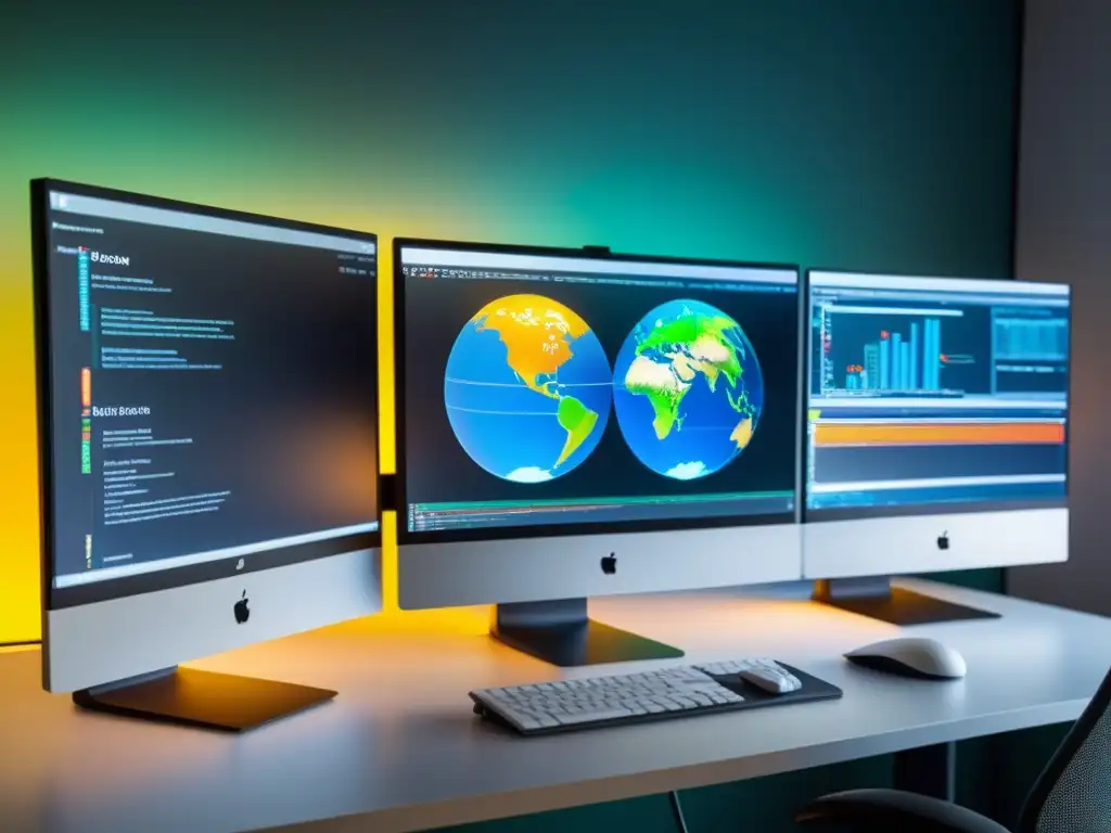 Un espacio de trabajo moderno con software de código abierto en monitores de alta resolución