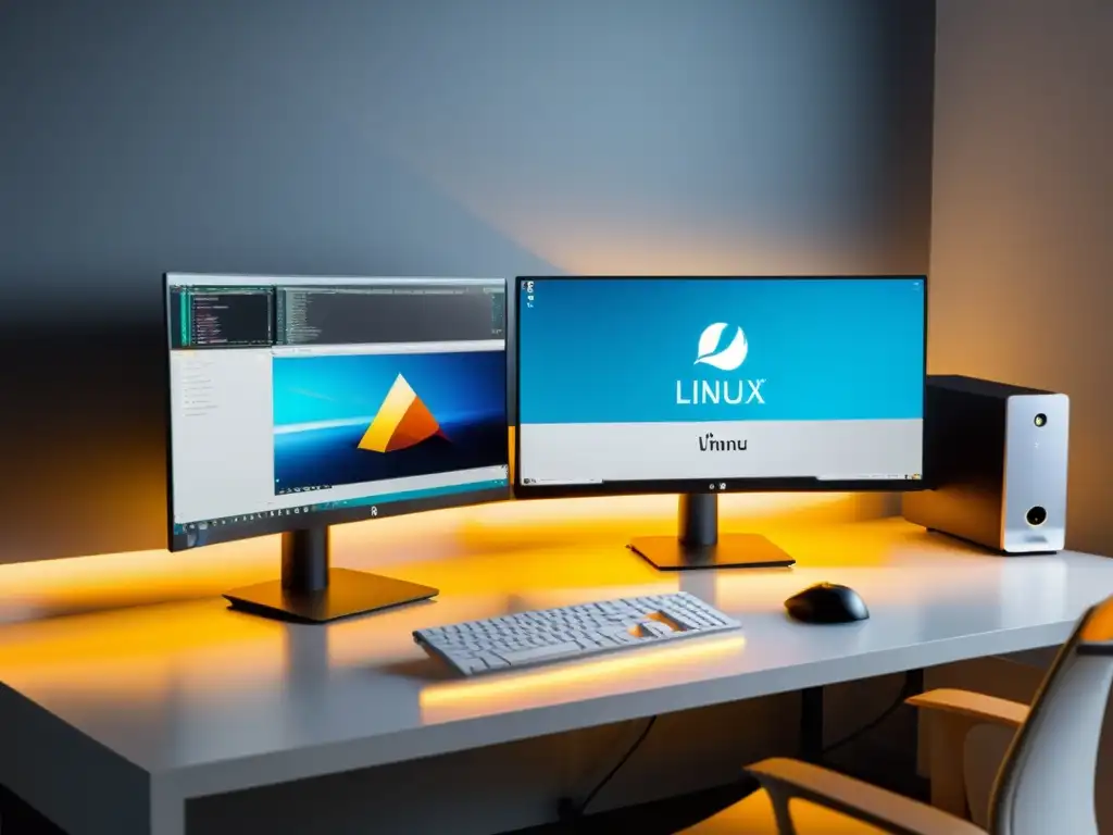 Un espacio de trabajo ordenado y minimalista con un potente equipo informático y Linux en múltiples monitores