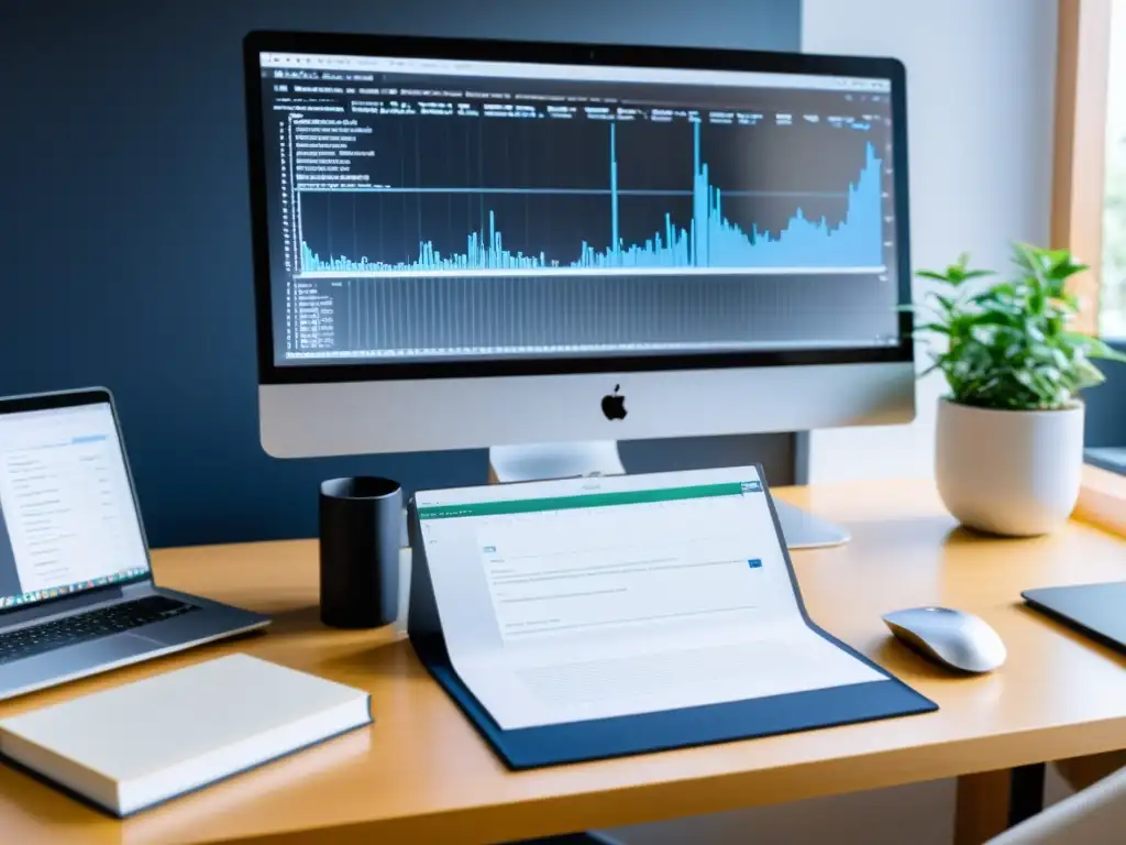 Un espacio de trabajo profesional y acogedor para científicos de datos, con potente computadora y libros, destacando RStudio