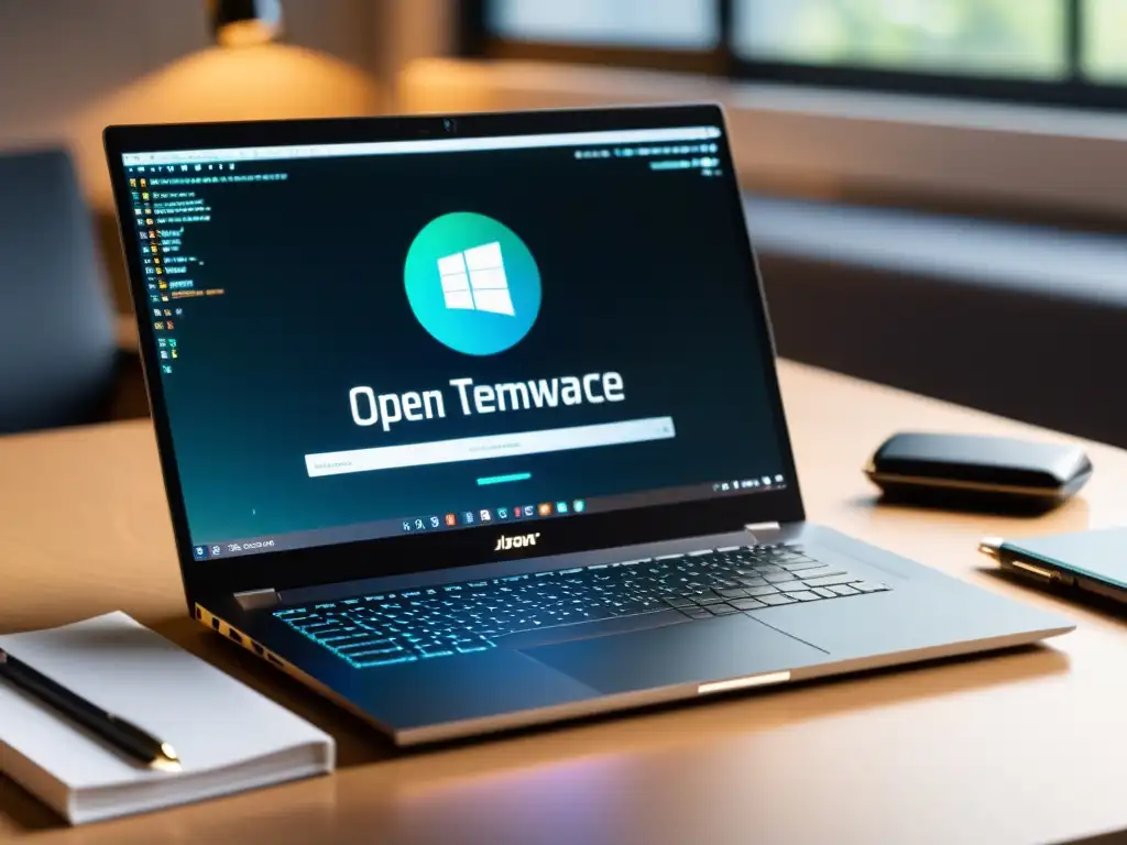 Espacio de trabajo profesional con laptop, código en pantalla y herramientas, reflejando expertise en consultoría en código abierto