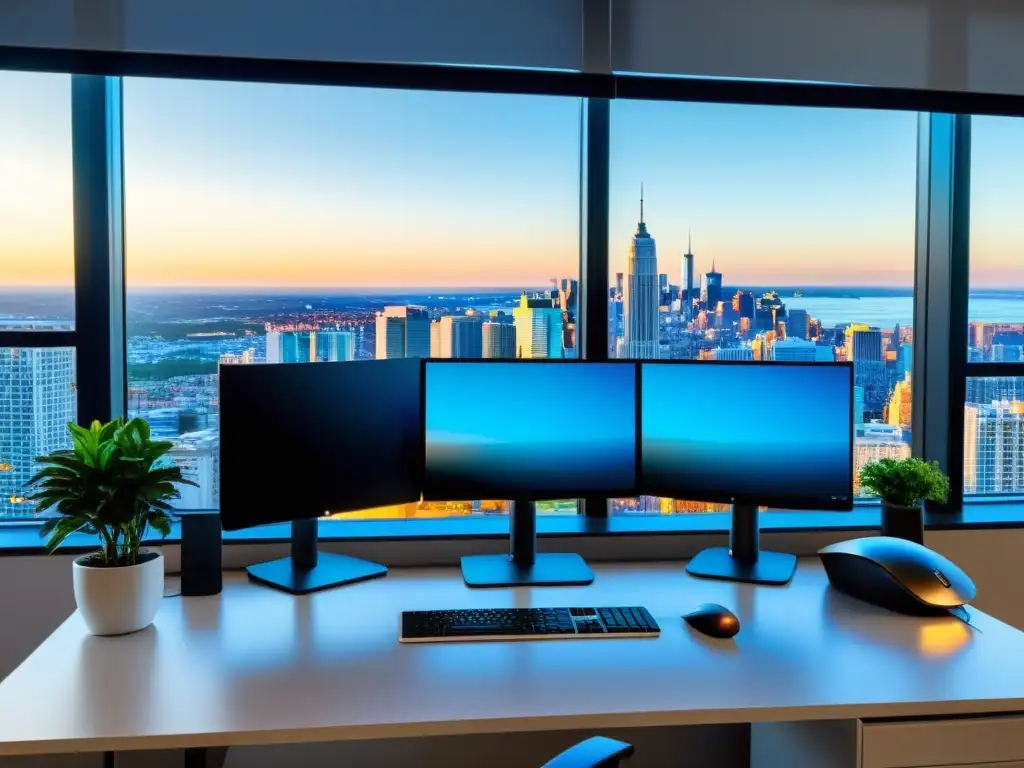 Oficina moderna para programadores: potente y elegante Espacio de trabajo profesional y moderno para desarrollo de aplicaciones web en un entorno de código abierto, con una impresionante vista urbana