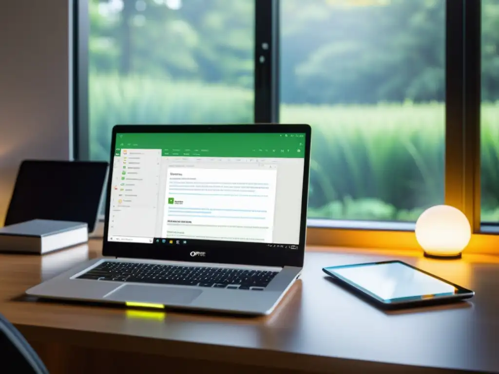 Un espacio de trabajo profesional y productivo con alternativas Open Source Microsoft Office, iluminado por luz natural