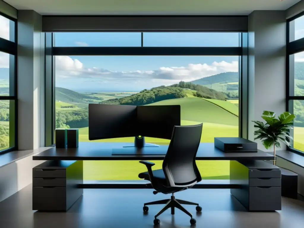 Un espacio de trabajo remoto elegante y minimalista con vistas a un paisaje exuberante