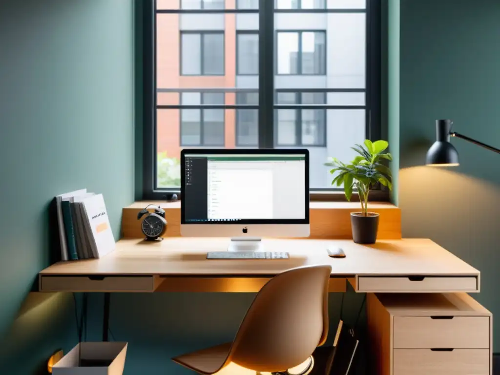 Espacio de trabajo sereno con aplicaciones de código abierto para gestión del tiempo en un escritorio minimalista, iluminado por luz natural