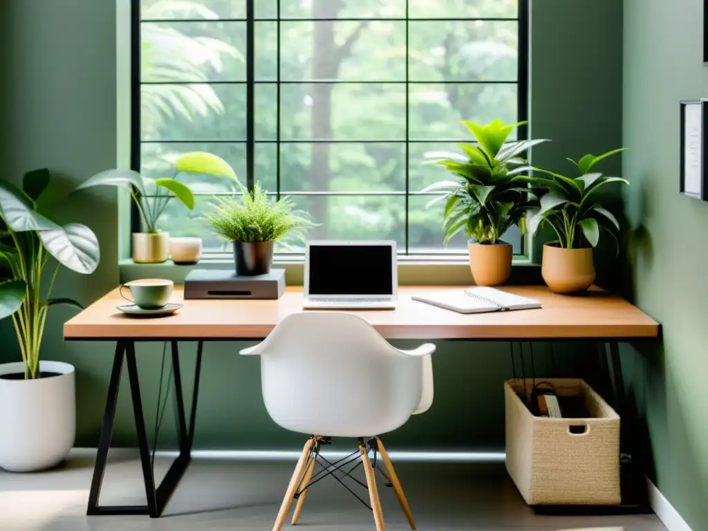 Escritorio minimalista: personaliza Git con serenidad Espacio de trabajo sereno y minimalista con computadora, notas sobre Git y plantas